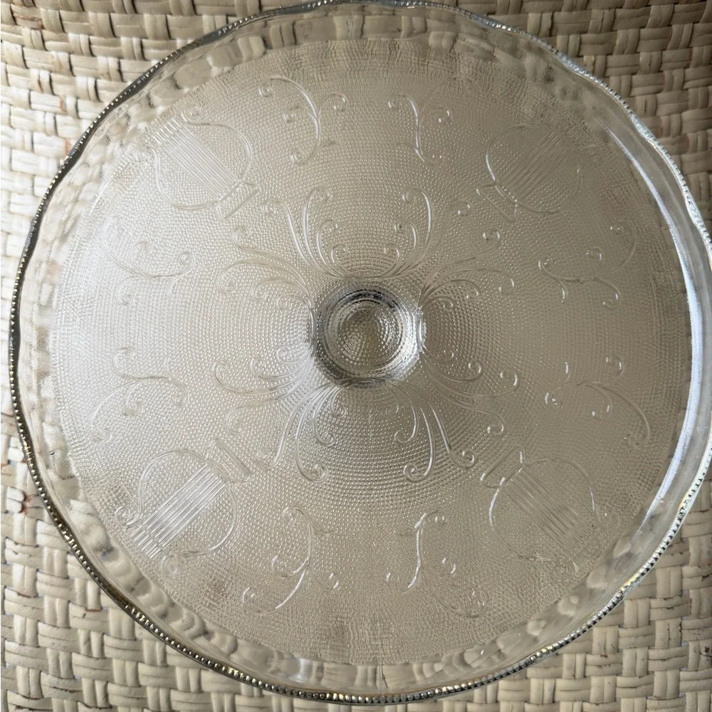 Antique  Glass Cake Stand Art Deco Ruffled Edge Musicsl Instruments 1950’s